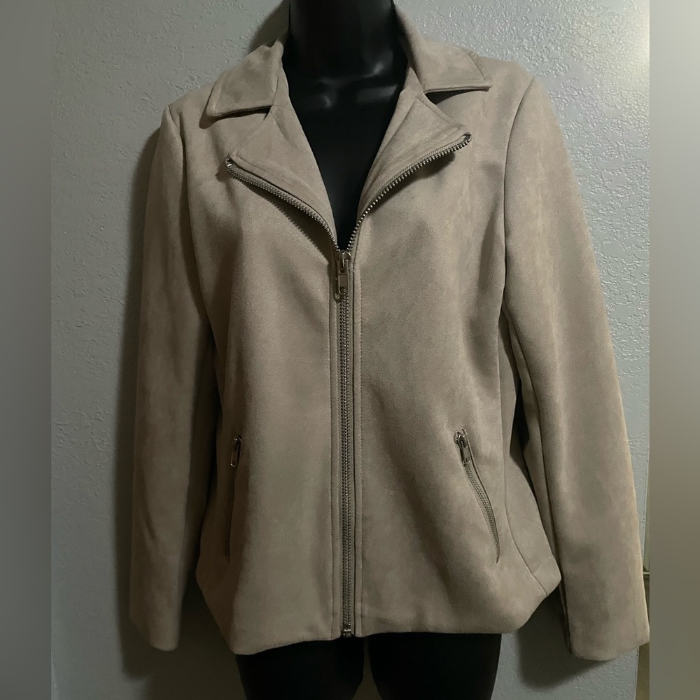 Maurice’s taupe faux suede moto jacket.